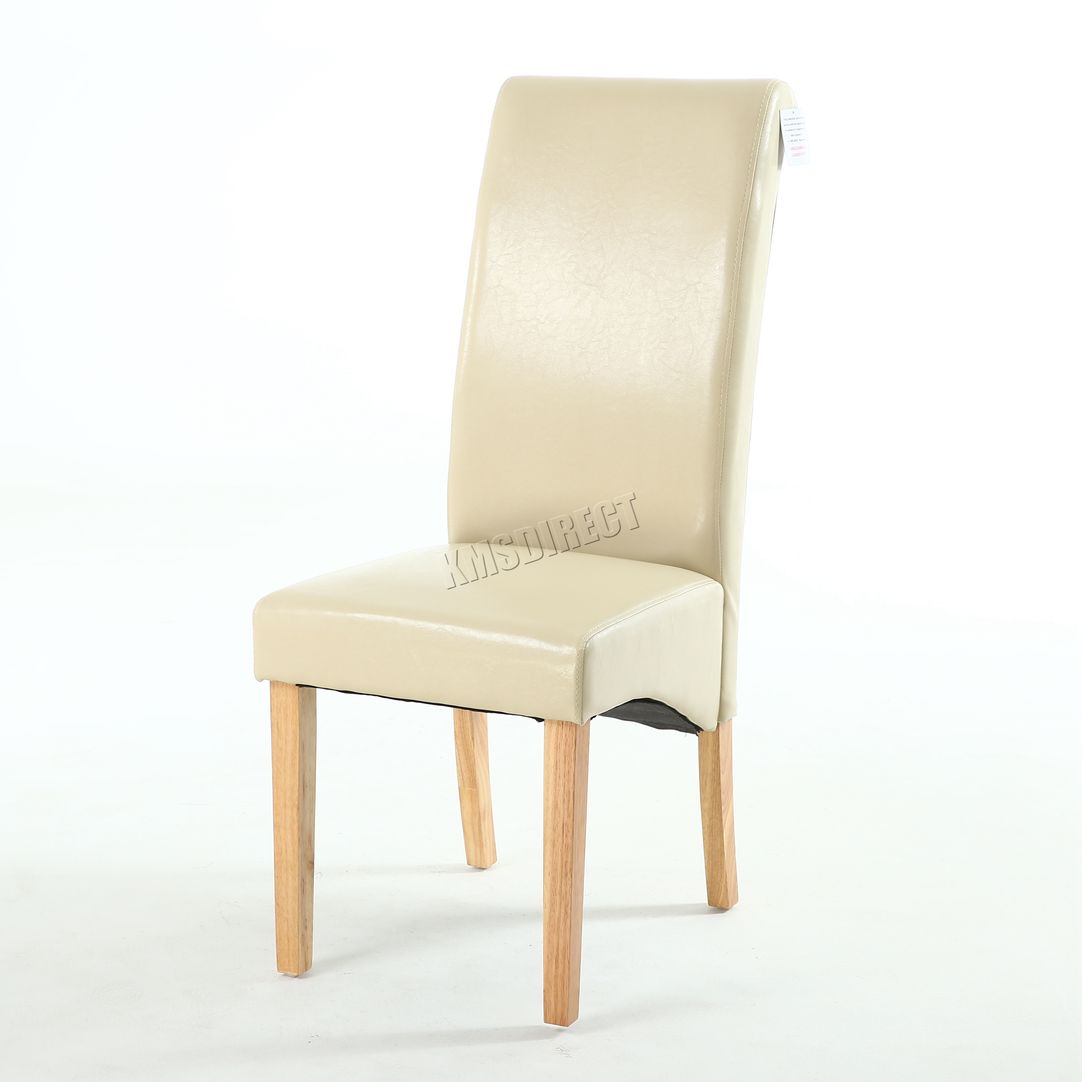 Premium Dining Chair Cream Faux Leather Roll Top Scroll High Back Wood