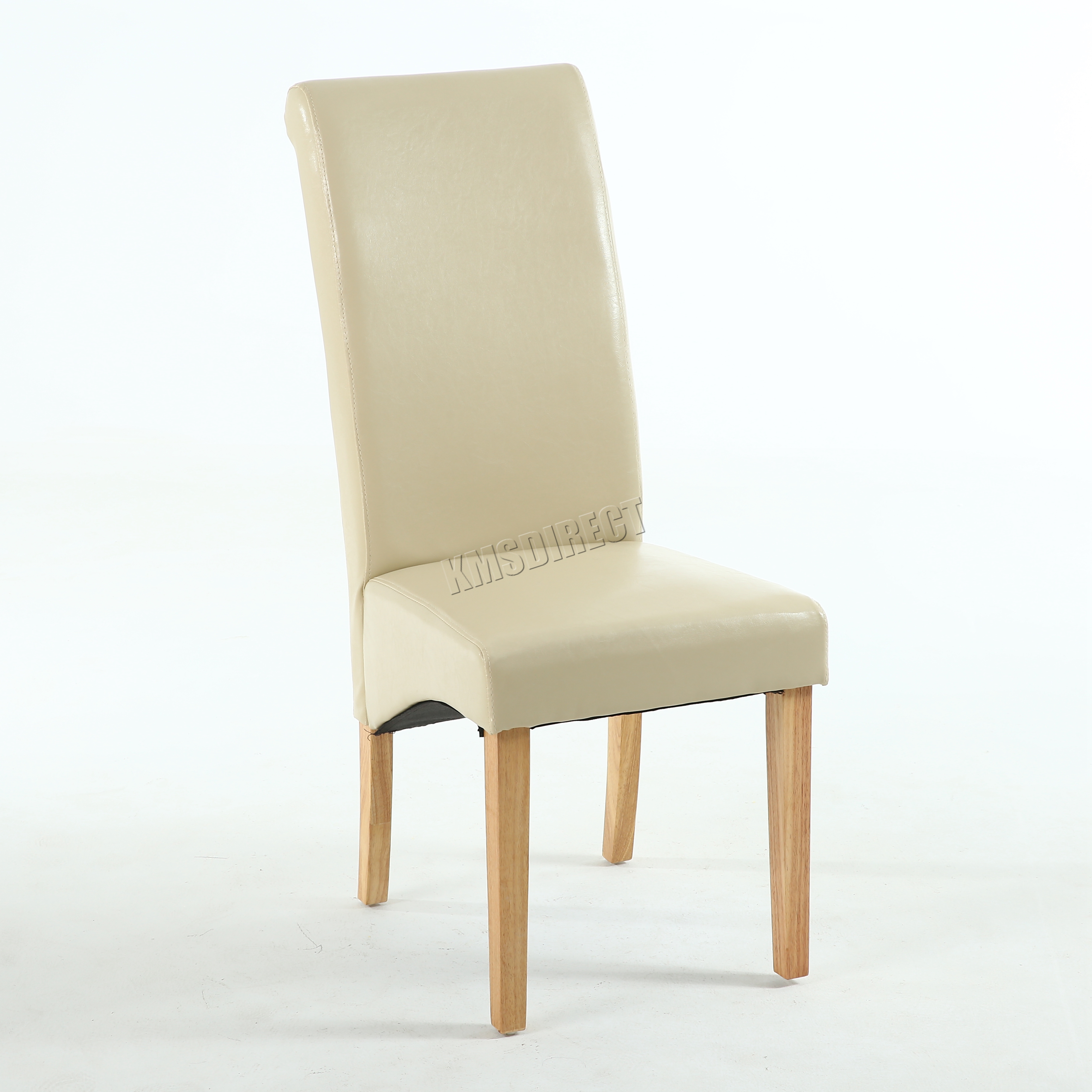 Premium Dining Chair Cream Faux Leather Roll Top Scroll High Back Wood