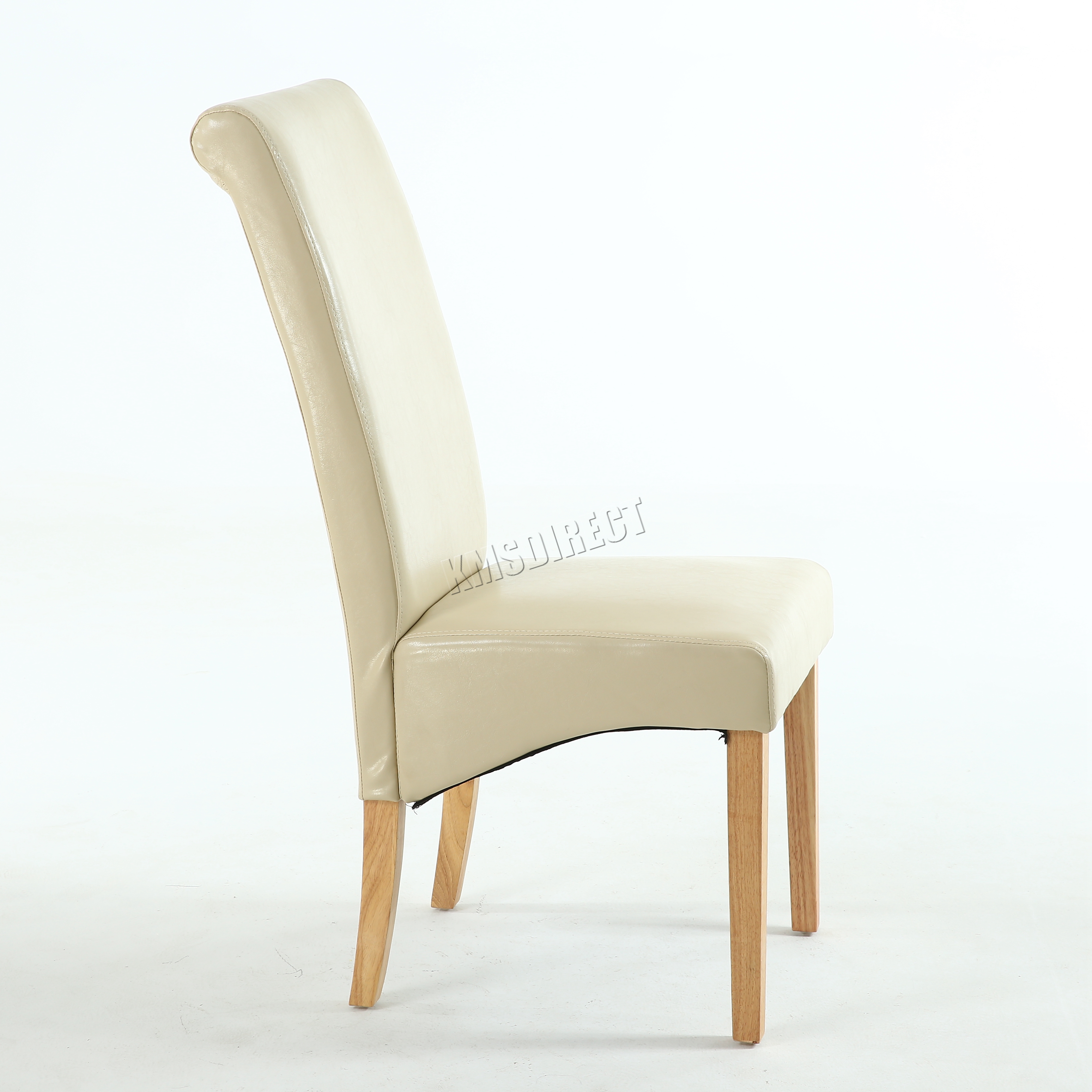 Premium Dining Chair Cream Faux Leather Roll Top Scroll High Back Wood