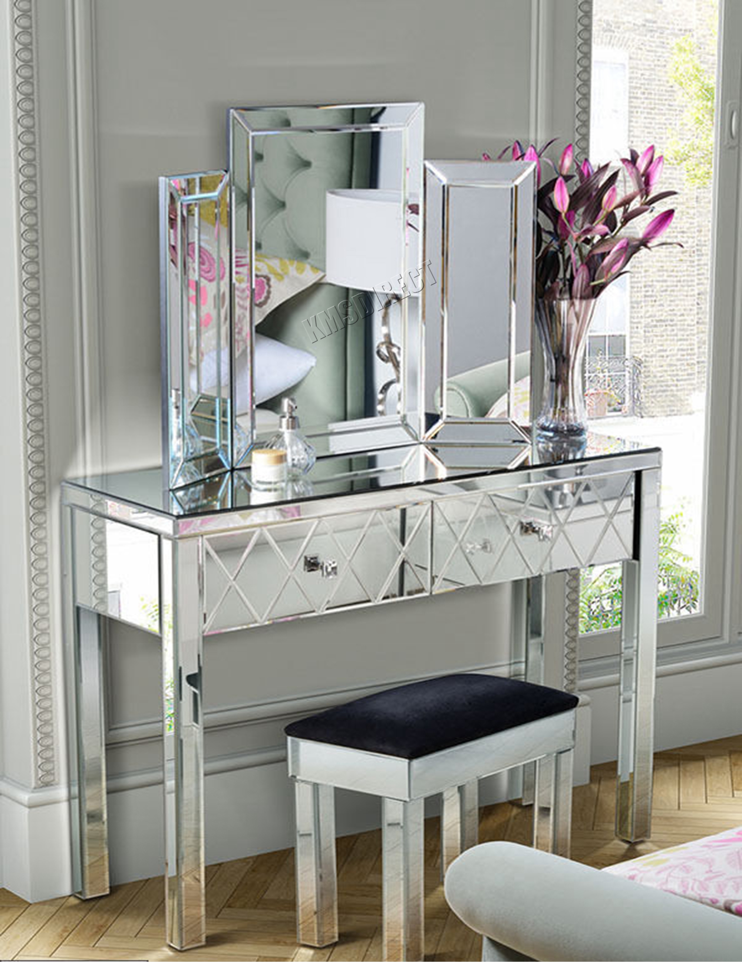 FoxHunter Mirrored Furniture Glass Dressing Table With Drawer Console