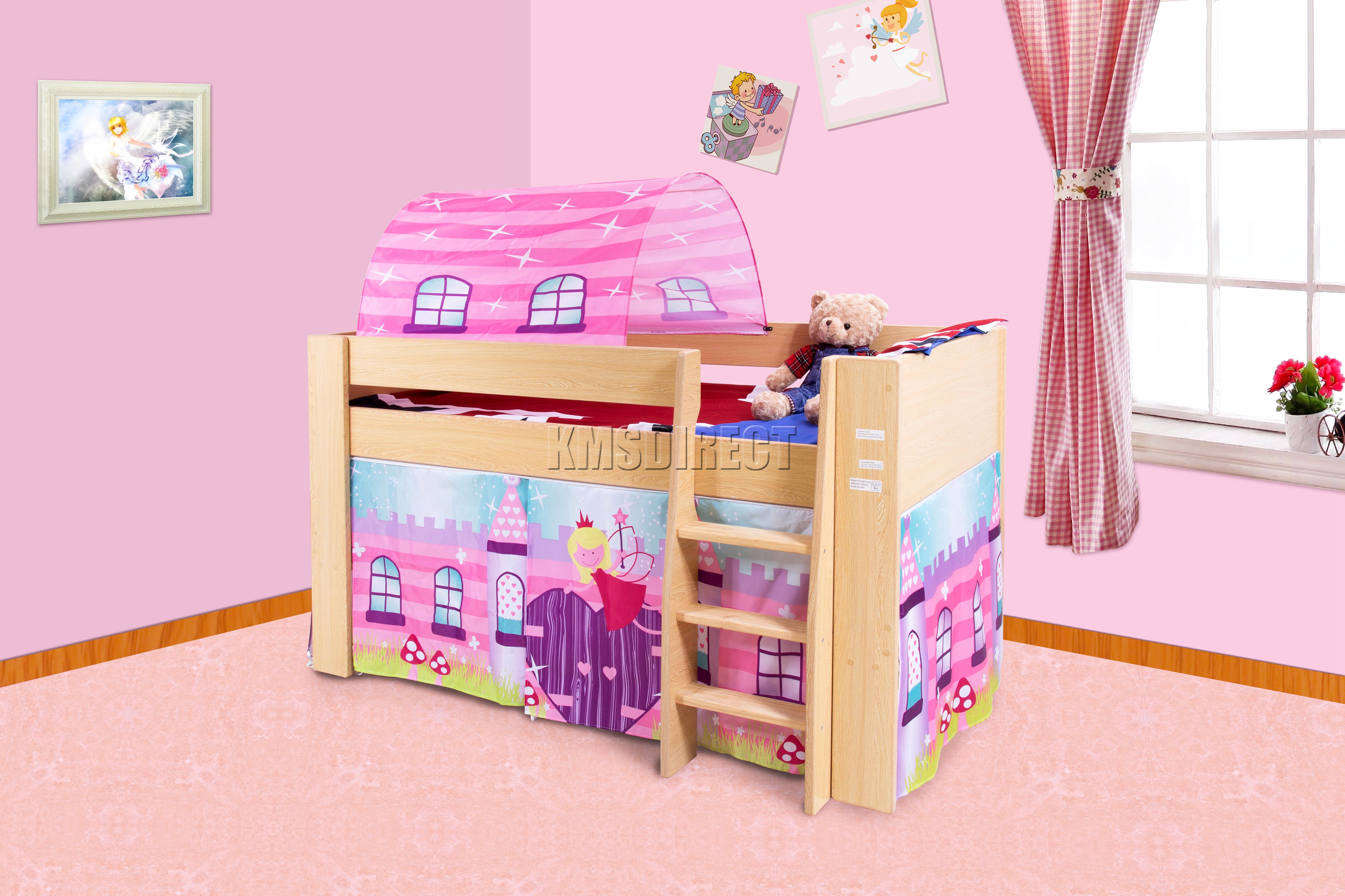 FoxHunter Wooden Mid Sleeper Cabin Bunk Bed Kids Tent Single 3FT Pine