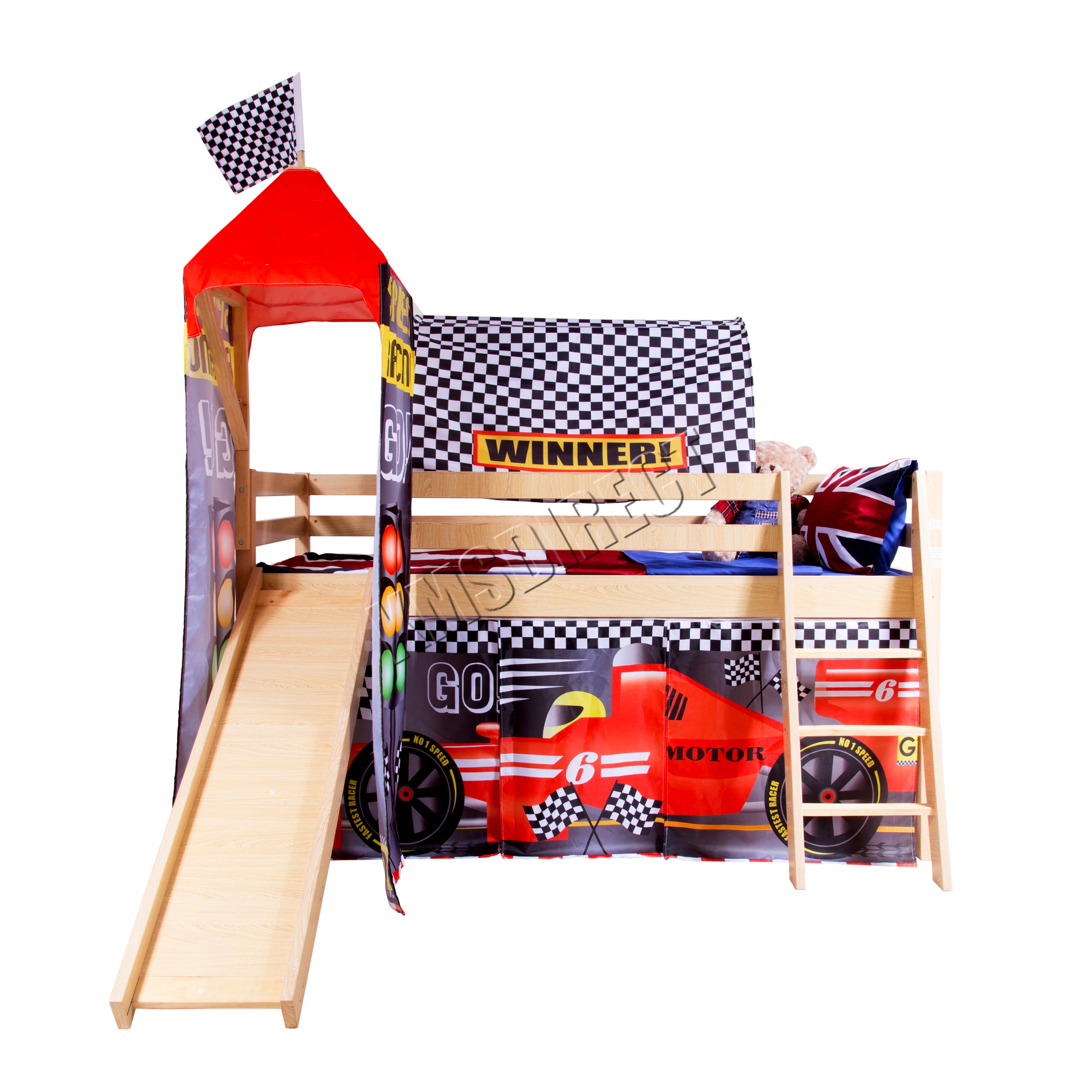FoxHunter Wooden Mid Sleeper Cabin Bunk Bed Kids Tent Tower Slide 3FT