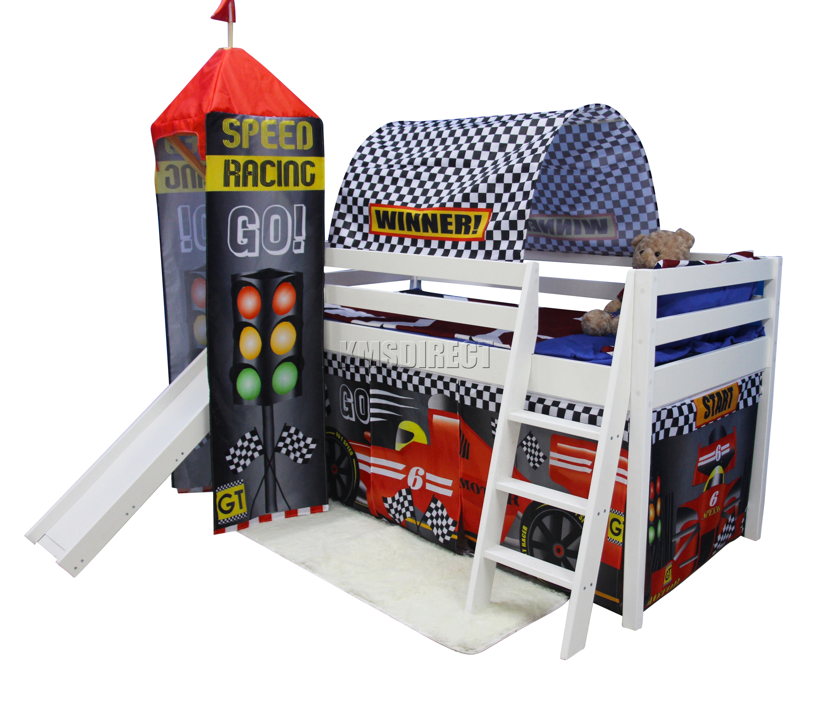 FoxHunter Wooden Mid Sleeper Cabin Bunk Bed Kids Tent Tower Slide 3FT