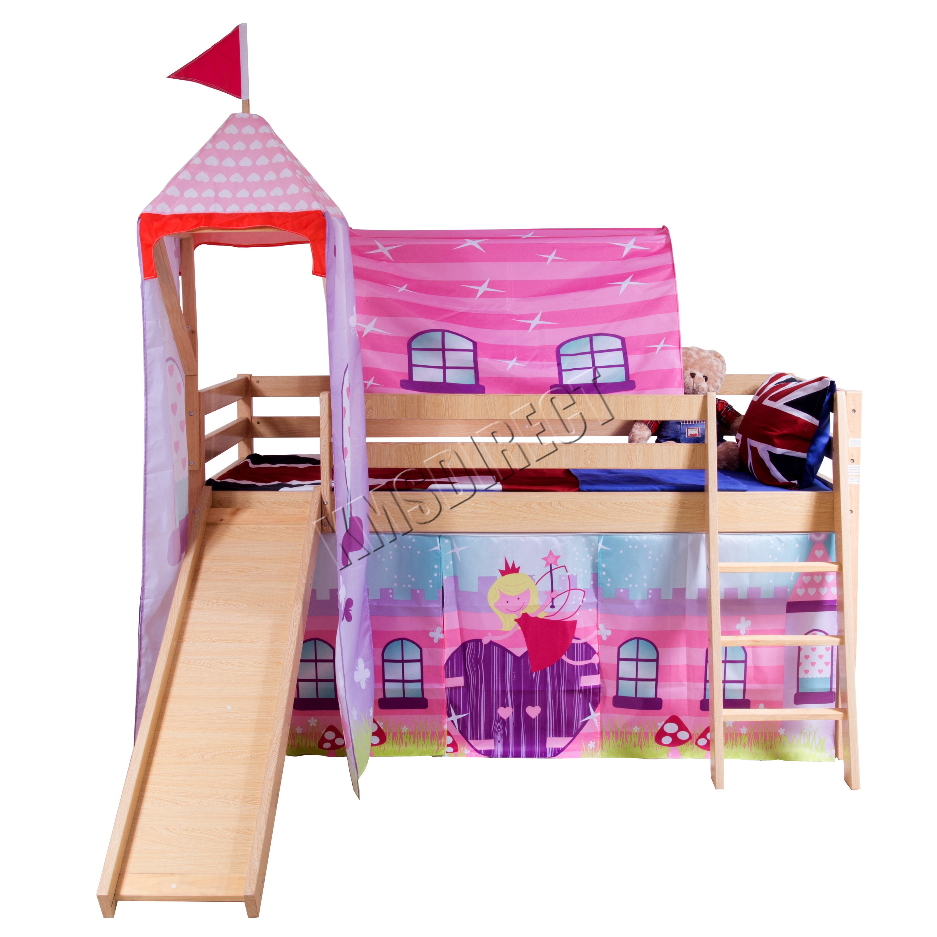 FoxHunter Wooden Mid Sleeper Cabin Bunk Bed Kids Tent Tower Slide 3FT