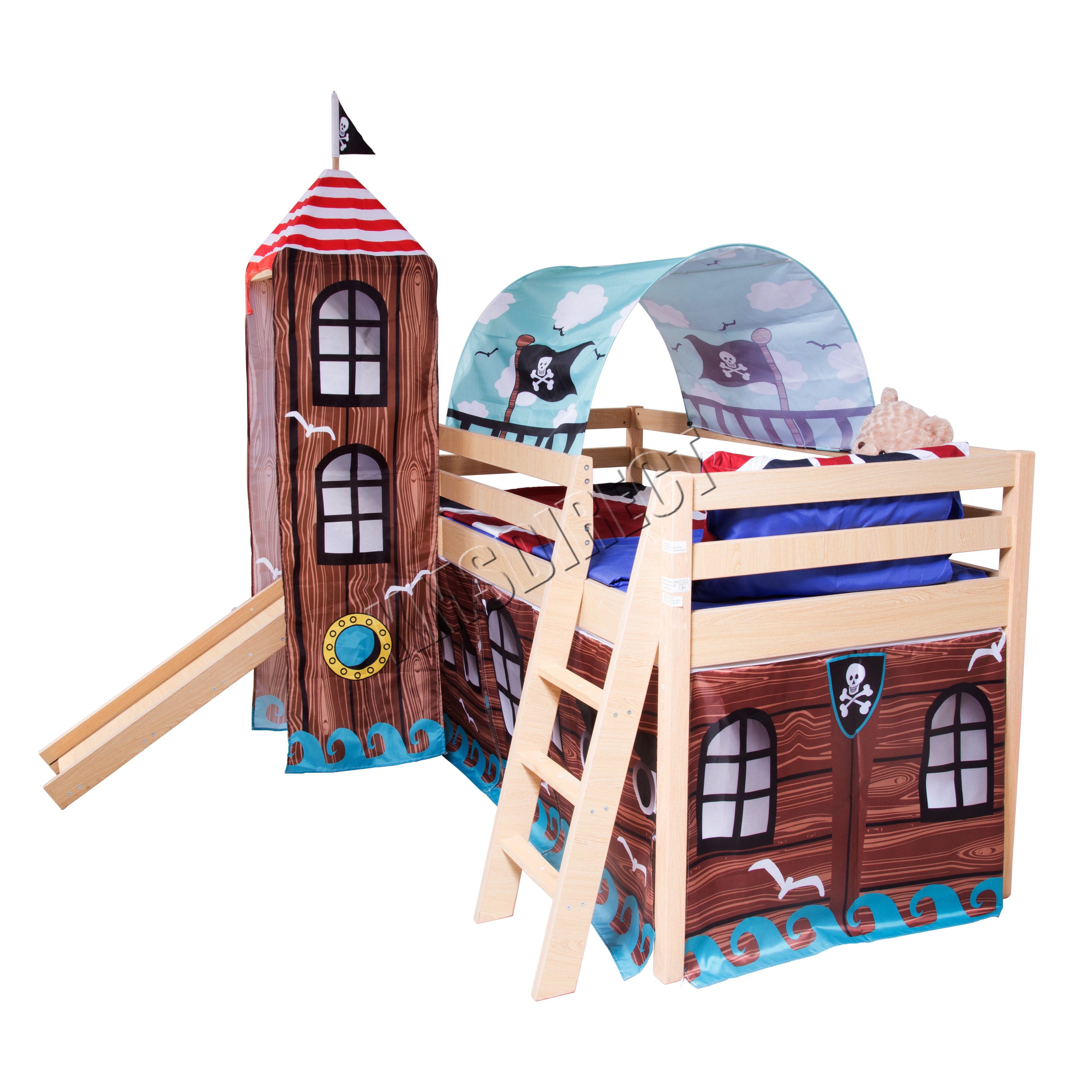 FoxHunter Wooden Mid Sleeper Cabin Bunk Bed Kids Tent Tower Slide 3FT