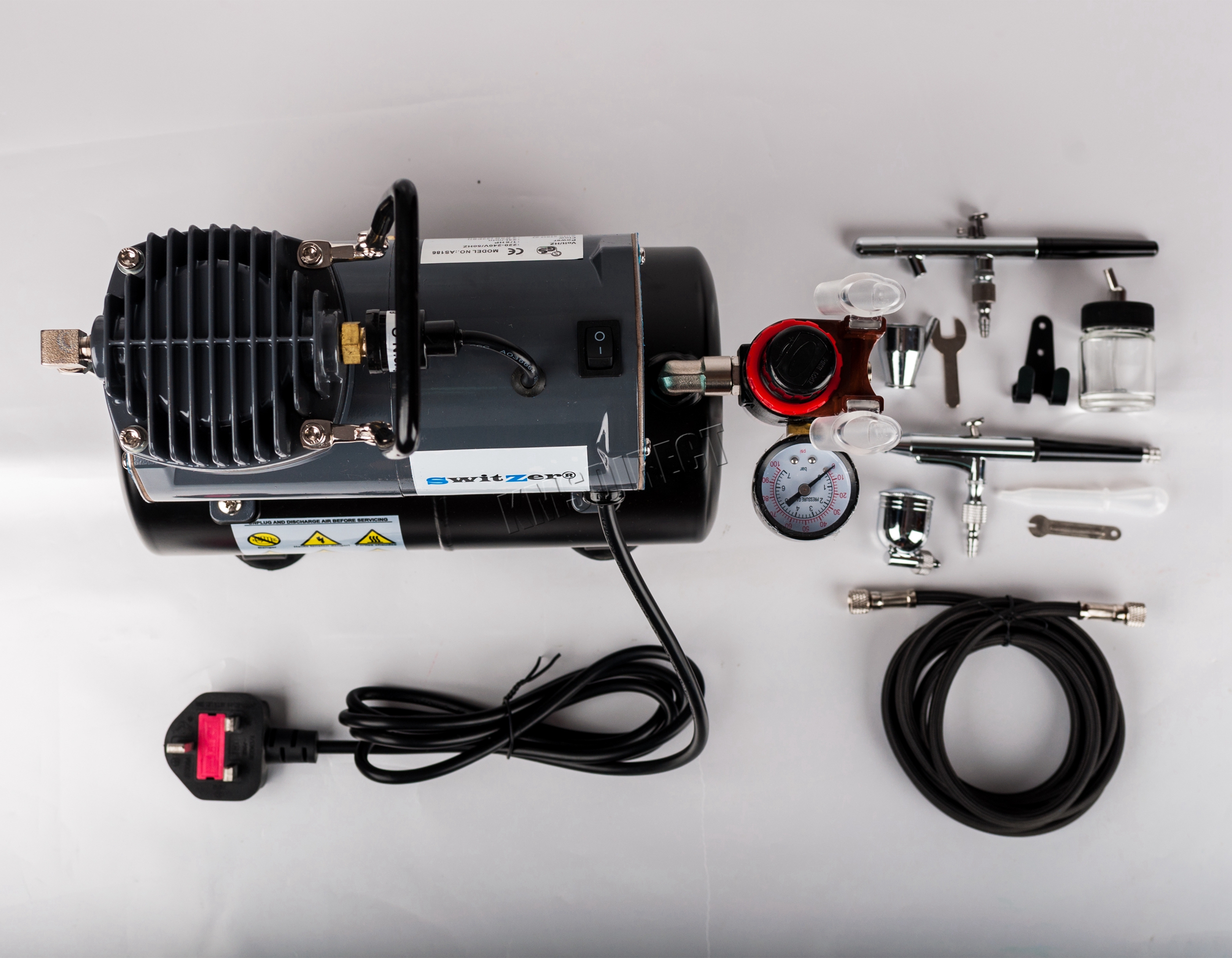 SwitZer Double Action Airbrush Kit + Compressor With Tank AS186 Paint