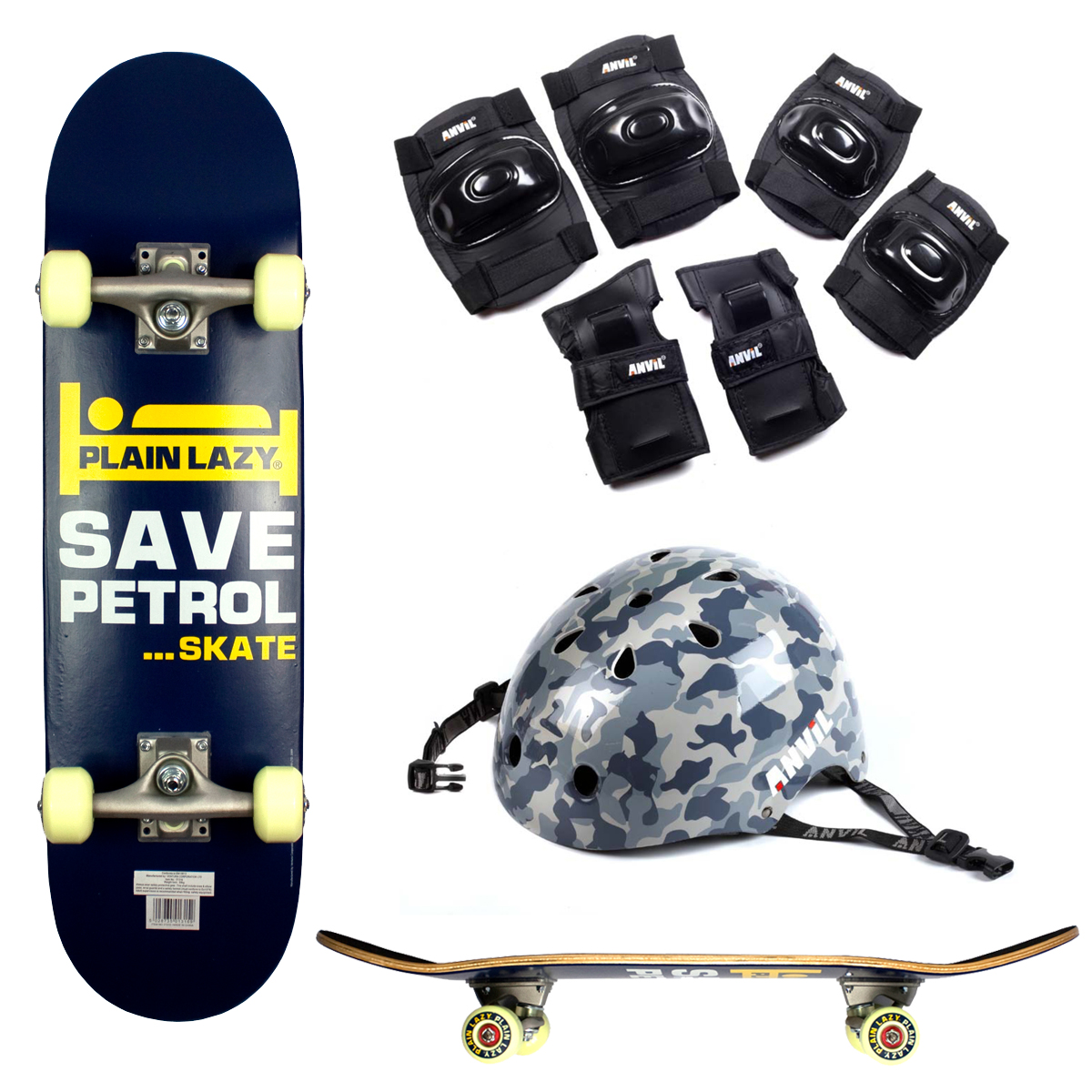 Plain Lazy Kids Save Petrol Skateboard With CAMO HELMET & Pad