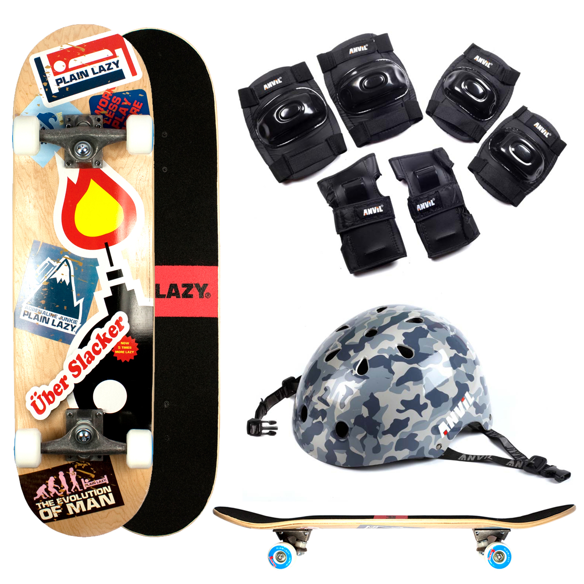 Plain Lazy Kids Uber Slacker Skateboard With Camo Helmet & Pad Protection Set