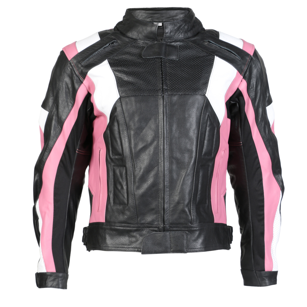 Ladies Black & Pink Leather Womens Motorcycle Jacket With Removable CE