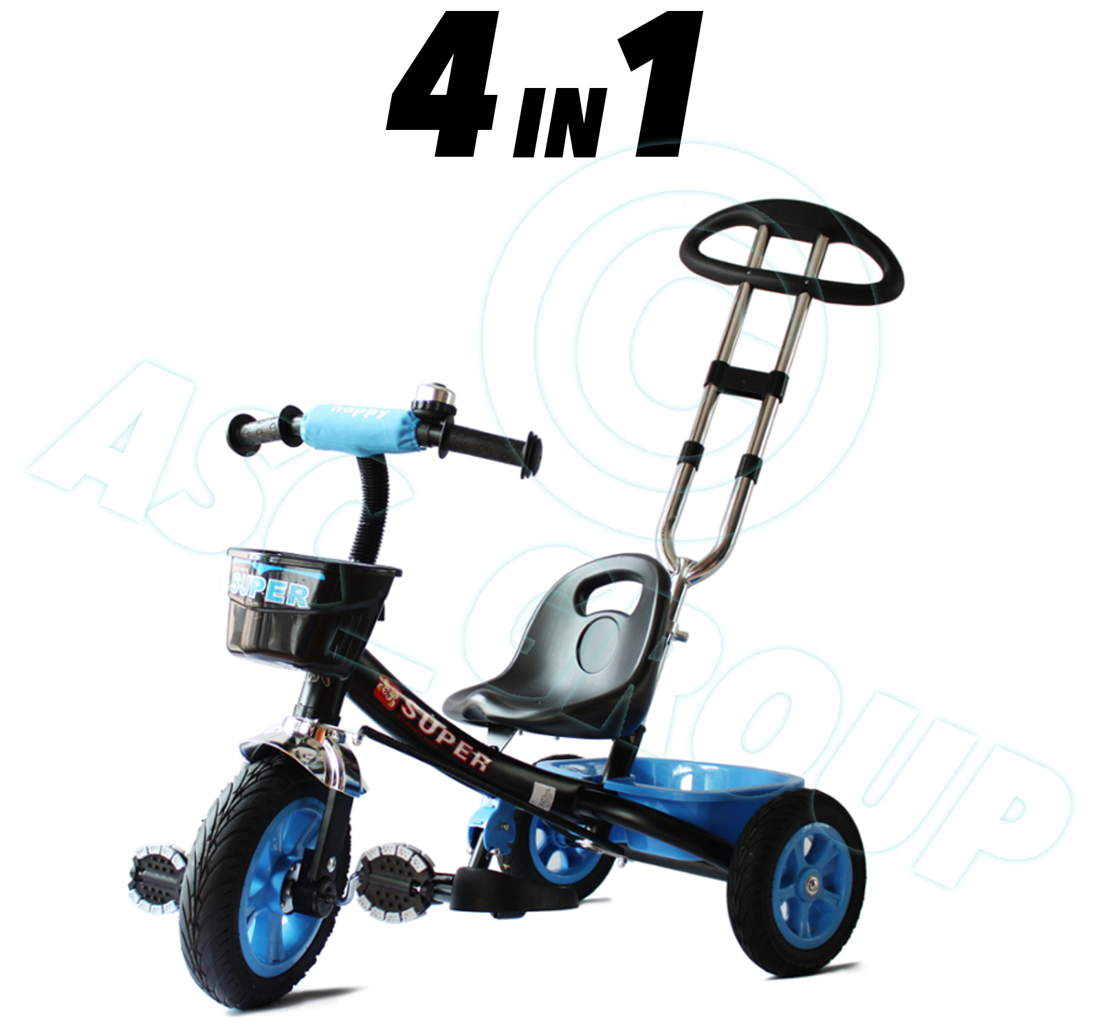 Childs 4 in 1 Trike Blue & Black Push along Pedal Kids Tricycle CE