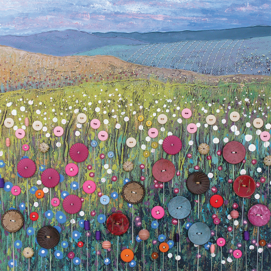 Button Meadow Square Blank Greeting Card by Artist Jo Grundy Cards