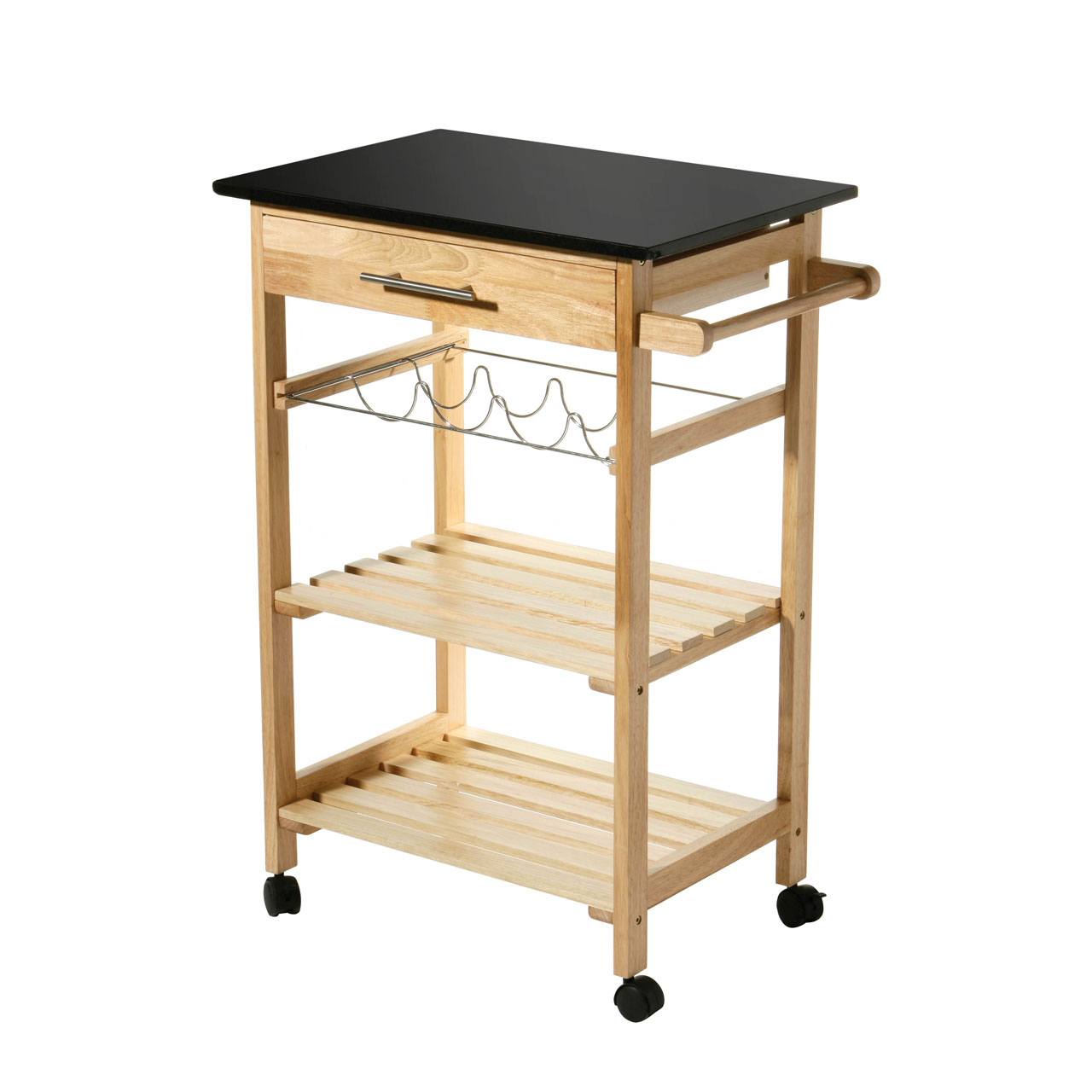 Kitchen Trolley Large 58cm Width Rubberwood Black Granite Work Top Wine