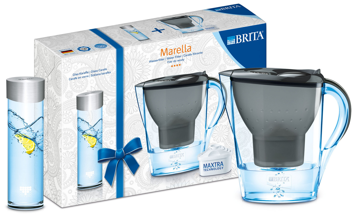 Brita Marella Gift Pack Cool Graphite Water Filter Jug + 0.5L Glass