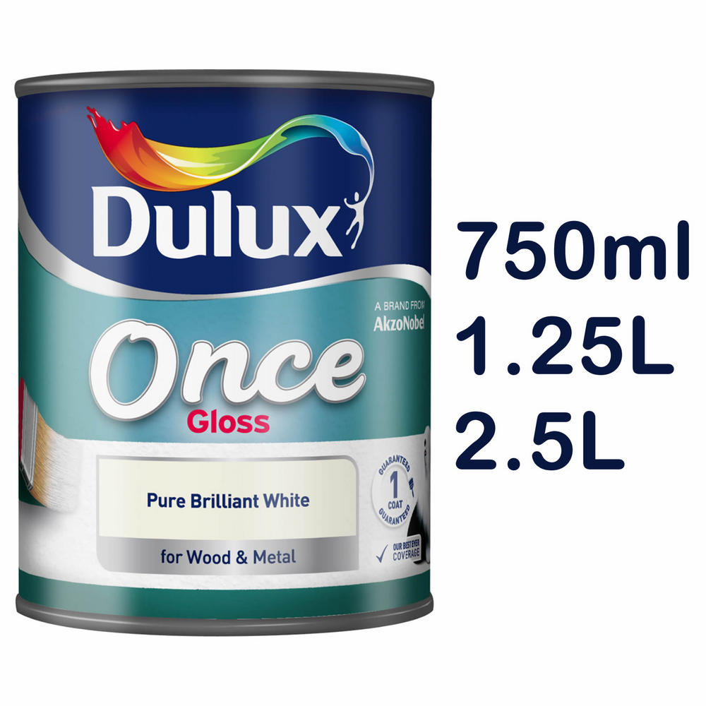 Dulux Once High Gloss Pure Brilliant White Paint Wood & Metal 750ml 1.25L 2.5L Dulux Once High Gloss Pure Brilliant White Paint Wood & Metal 750ml 1.25L 2.5L