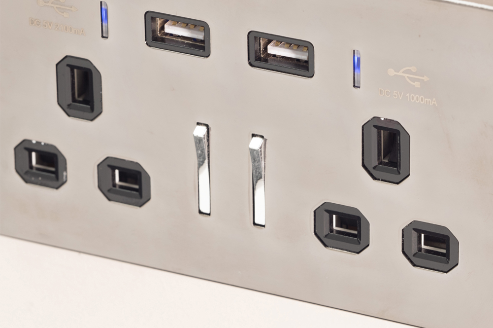 Wall Plug UK Twin Socket with 13A USB Smartphone High Speed Chrome With Black