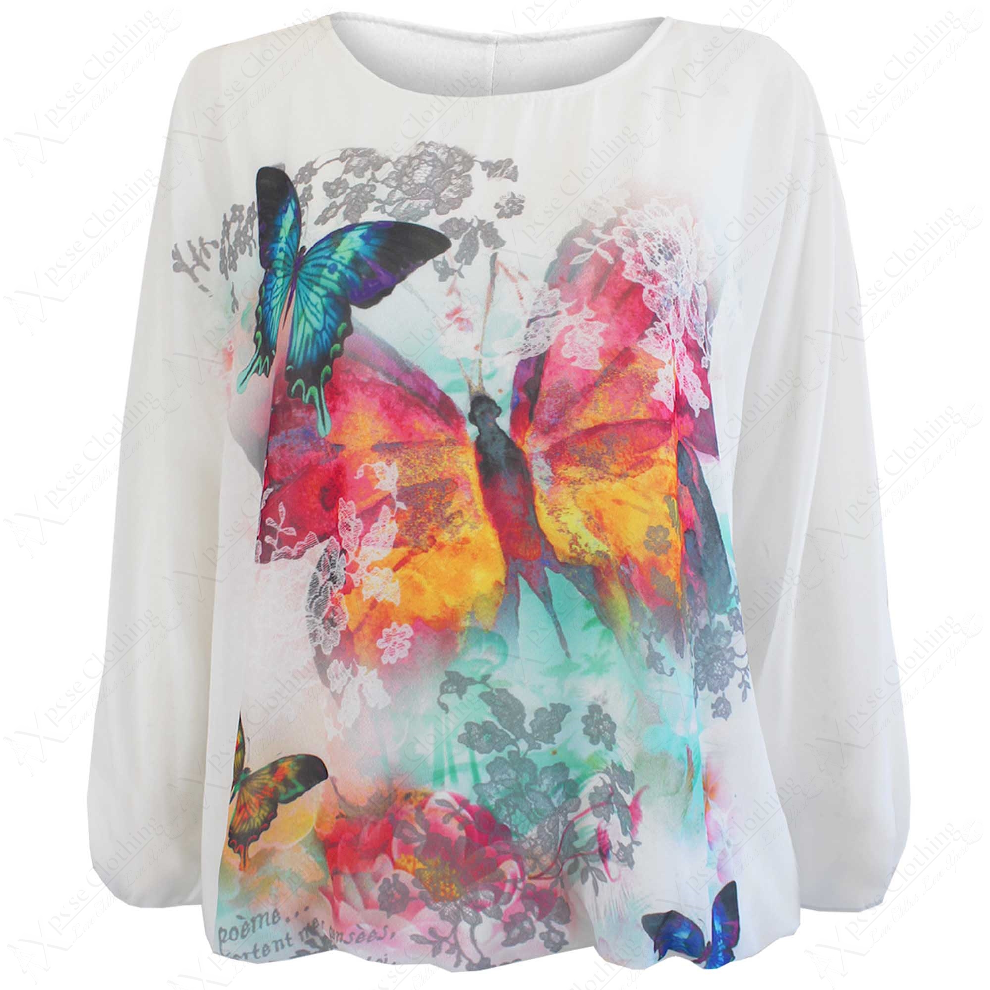 New Ladies Floral Butterfly Print Chiffon Blouse Top Womens Lined