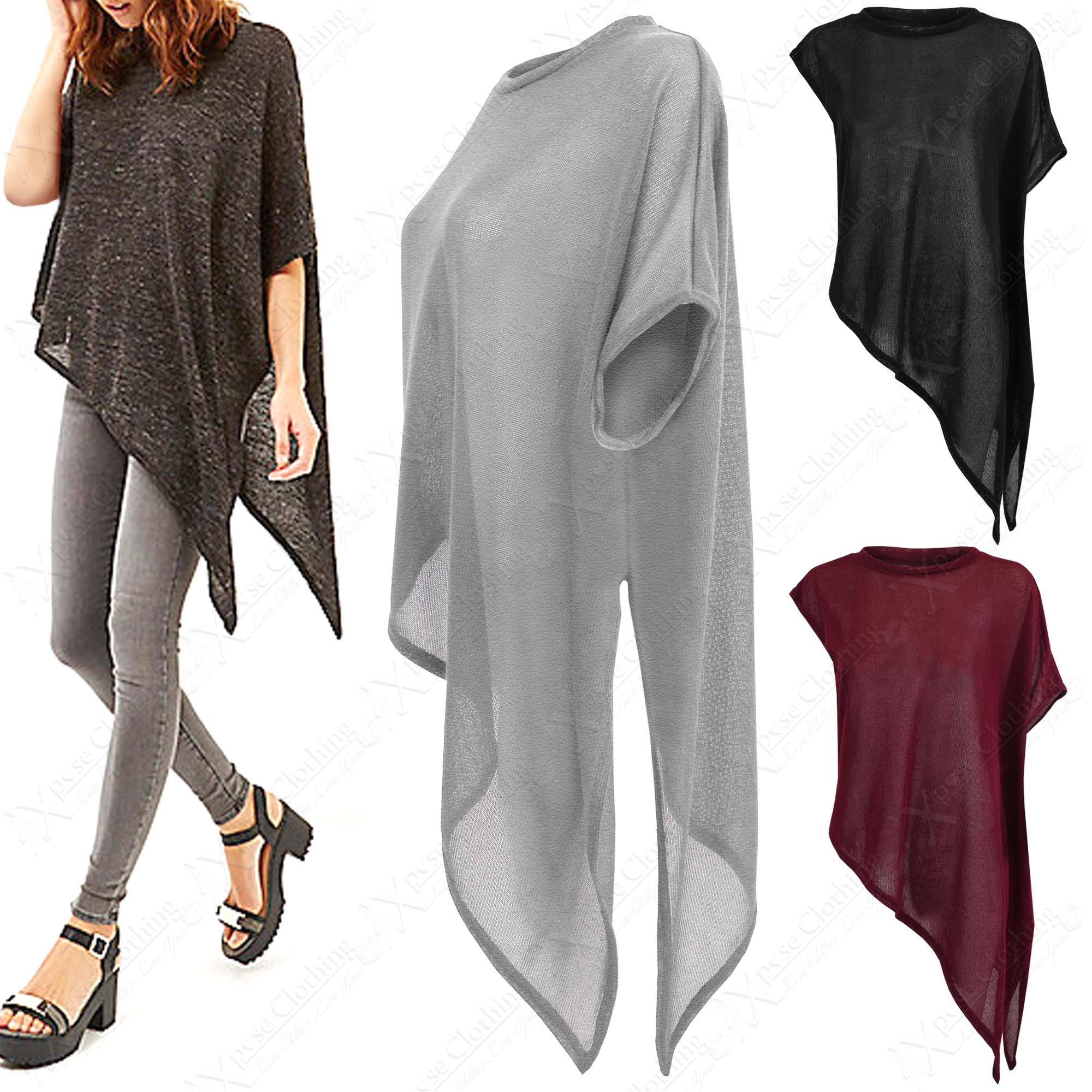 New Ladies Knit Asymmetric Slanted Hem Side Split Long Tops Womens