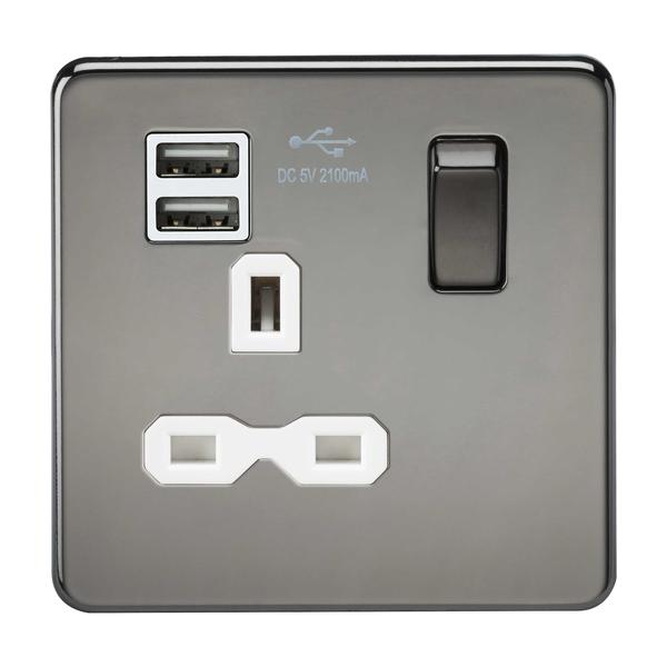 Knightsbridge Screwless A G Switched Socket Dual Usb Black Nickel