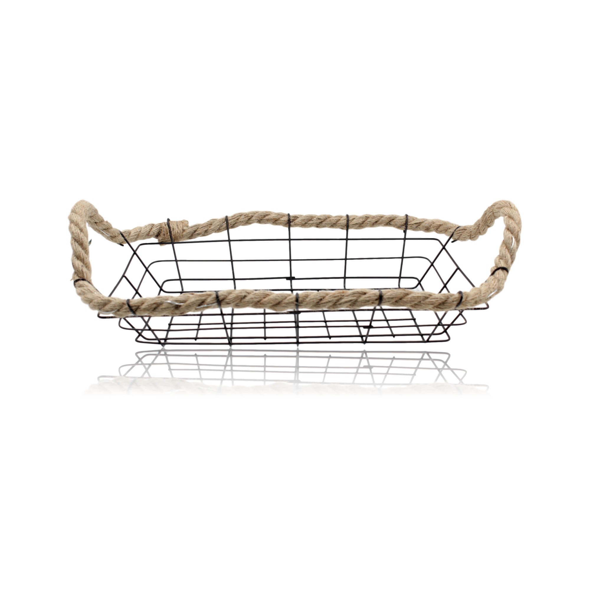 /Small Rectangle Black Wire Basket w/ Rope Handles and Finish