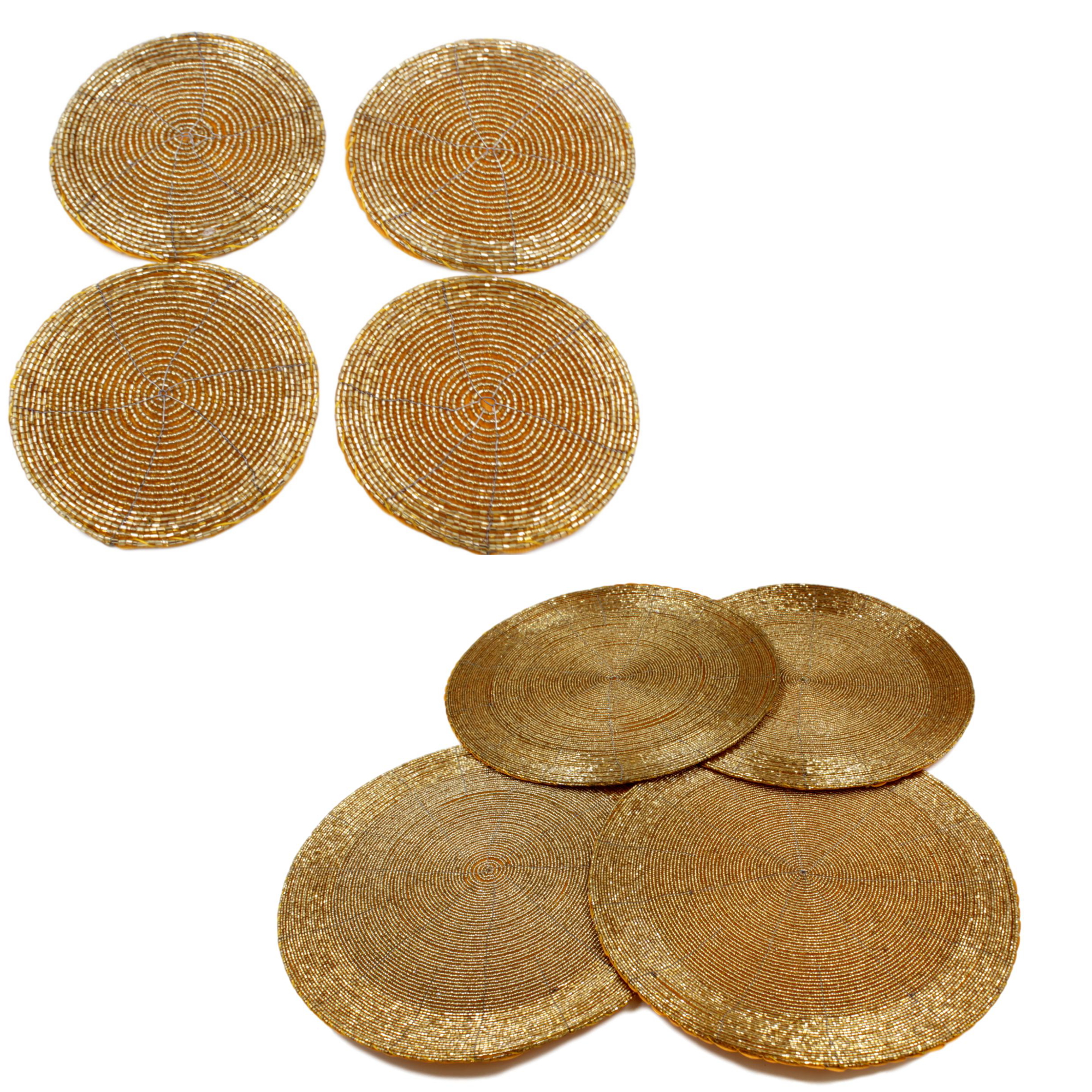 Set of Round Glass Beaded Gold Placemats Coasters and Napkin Rings