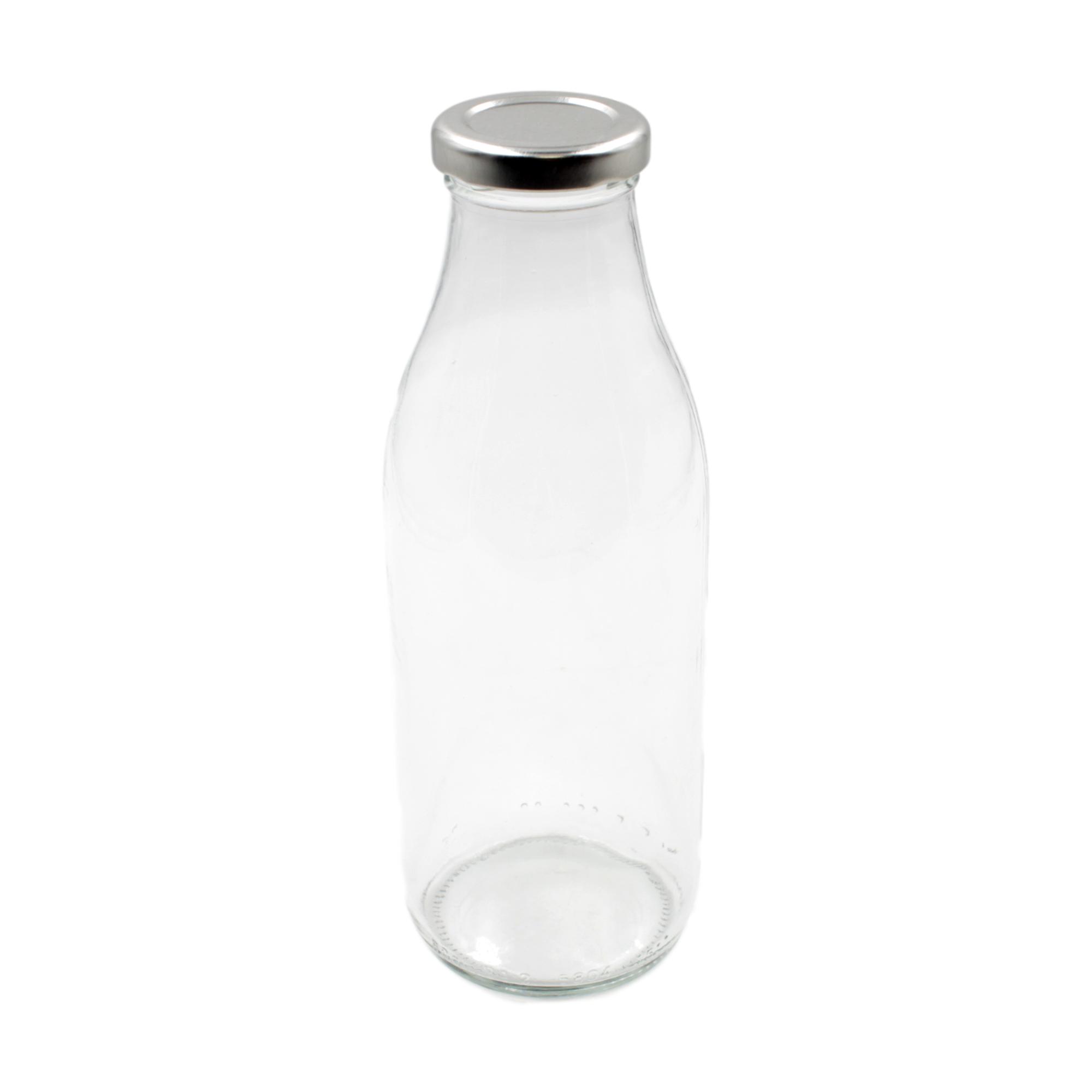 5x Clear Retro Glass Milk Bottles (Silver Lids Included) 500ml from