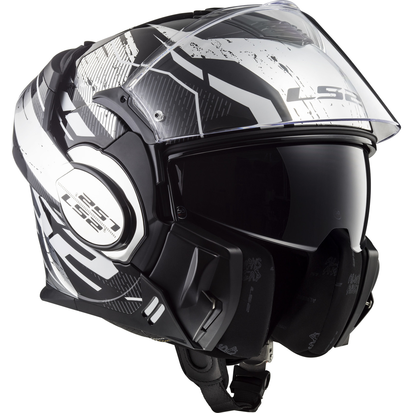LS2 FF399 Valiant Roboto Flip Front Motorcycle Helmet XL Black White Chrome Flip Up Front