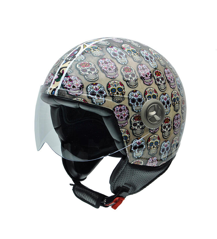 NZI Vintage II Mexican Skulls Open Face Motorcycle Helmet XXS Brown