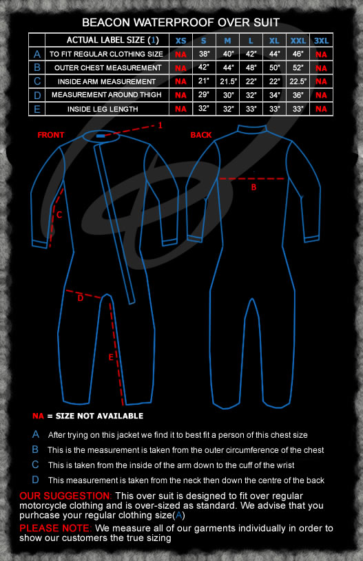 Black Beacon Oversuit Sizing Guide