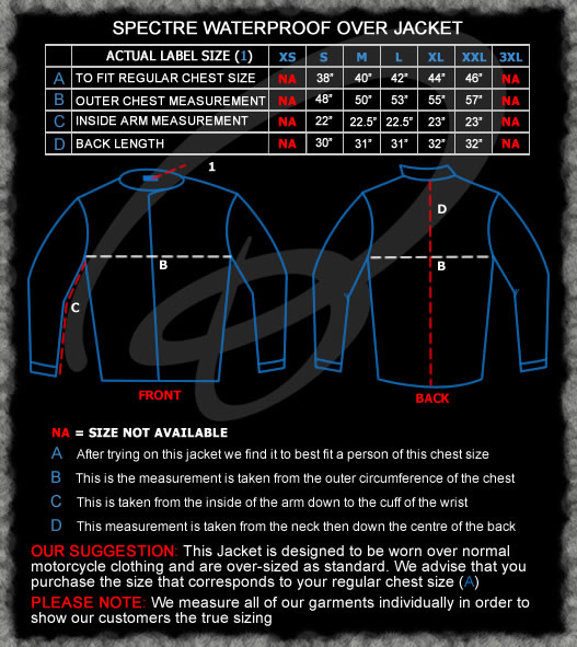 Black Spectre Over Jacket Sizing Guide