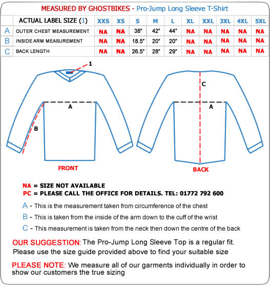 Pro-Jump Long Sleeve T-Shirt Size Guide