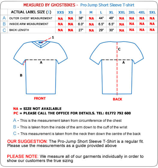 Pro-Jump Short Sleeve T-Shirt Size Guide