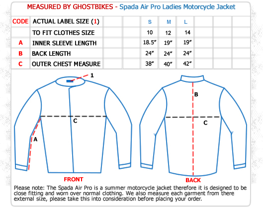 Spada Air Pro Ladies Motorcycle Jacket Size Guide