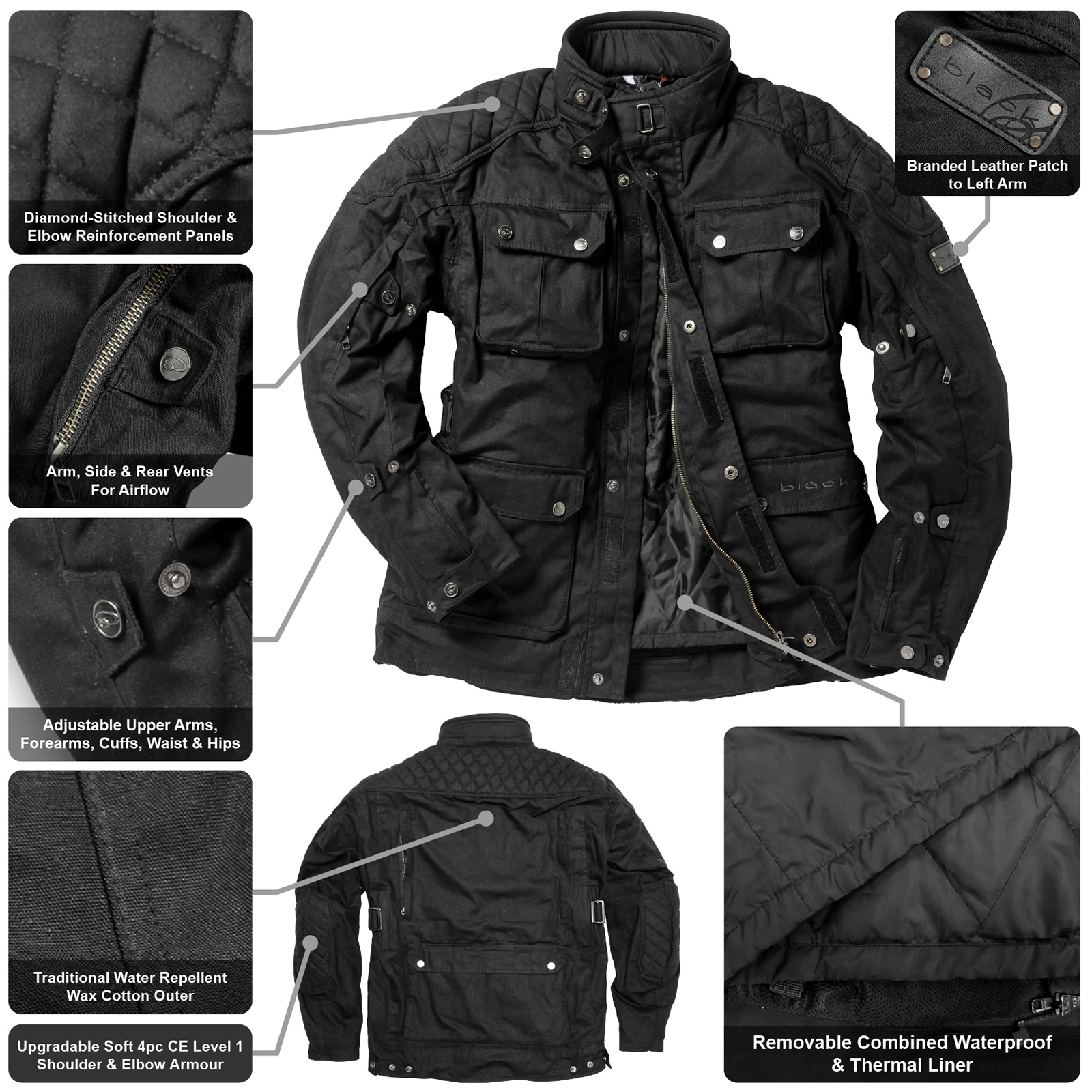 Black Bowland CE Class AA Wax Motorcycle Jacket For Bike Riding - Picture 26 of 48