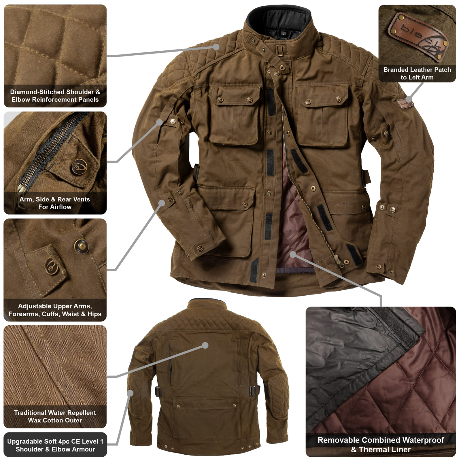 Black Bowland CE Class AA Wax Motorcycle Jacket For Bike Riding - Picture 38 of 48