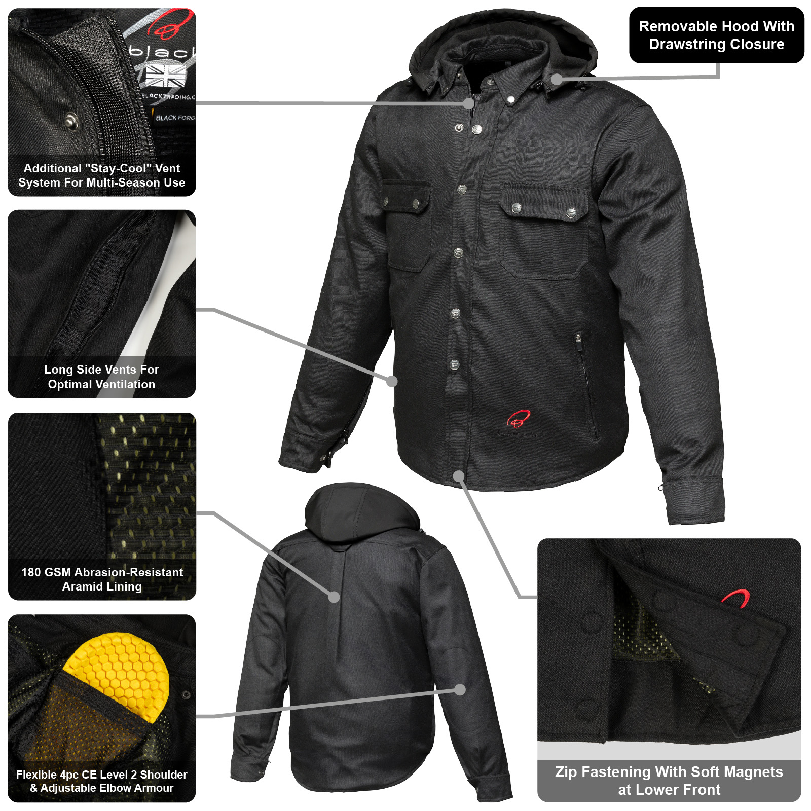 Forge CE Class AA Rated Armoured Motorcycle Shirt by Black - Picture 26 of 60