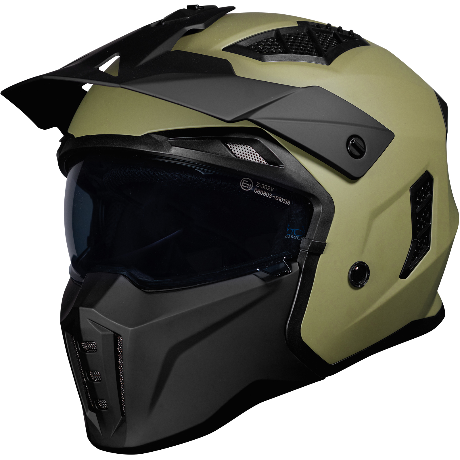 Black Street Fighter Matt Army Green Open Face Motorbike Helmet With Inner Visor