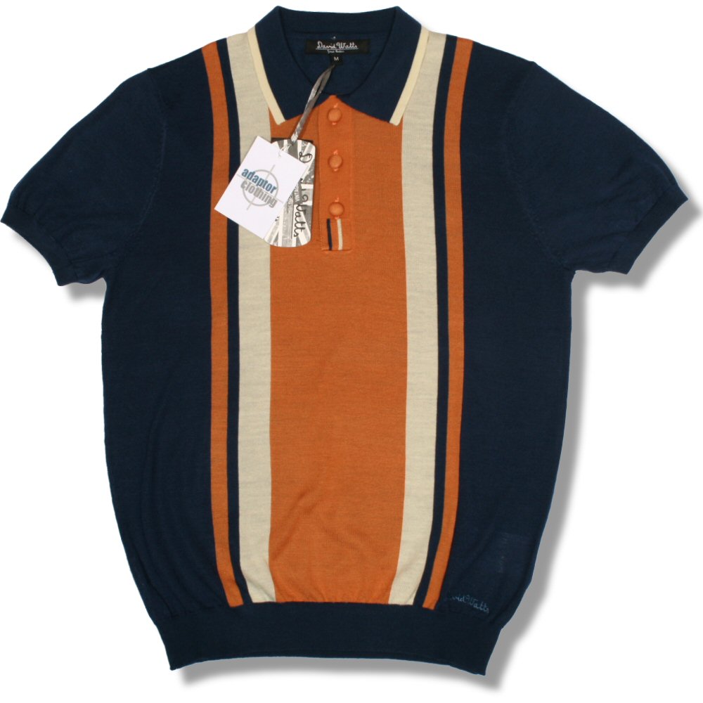 Fine Knit Block Stripe Polo Shirt Nav 