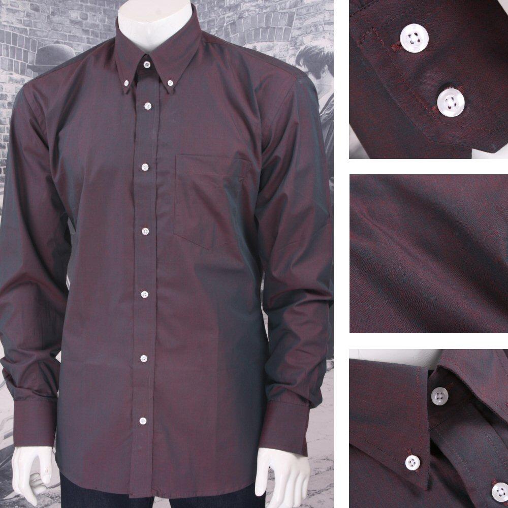 Classic Relco Mod Retro 60's Button Down Two Tone Tonic L/S Shirt Burgundy