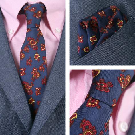 Knightsbridge Retro Mod 60's Matching Paisley Silk Slim Tie and Pocket Square Navy