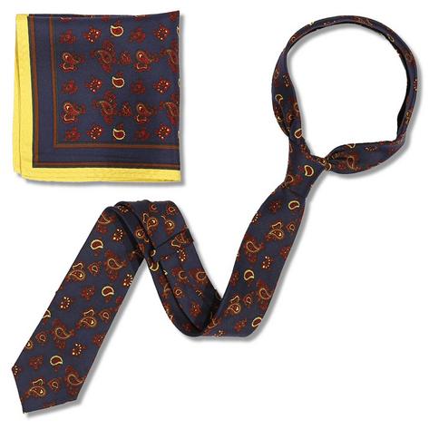 Knightsbridge Retro Mod 60's Matching Paisley Silk Slim Tie and Pocket Square Navy Thumbnail 2