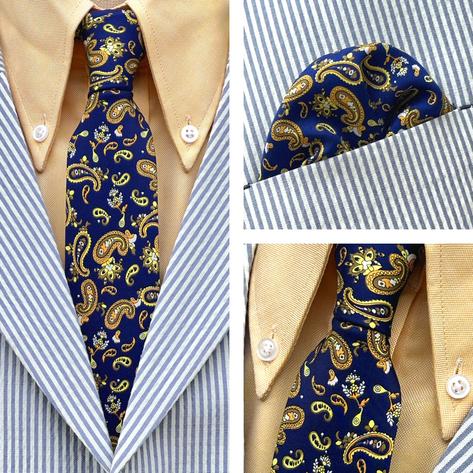 Knightsbridge Retro Mod 60's Matching Paisley Silk Slim Tie and Pocket Square Navy Gold Thumbnail 1