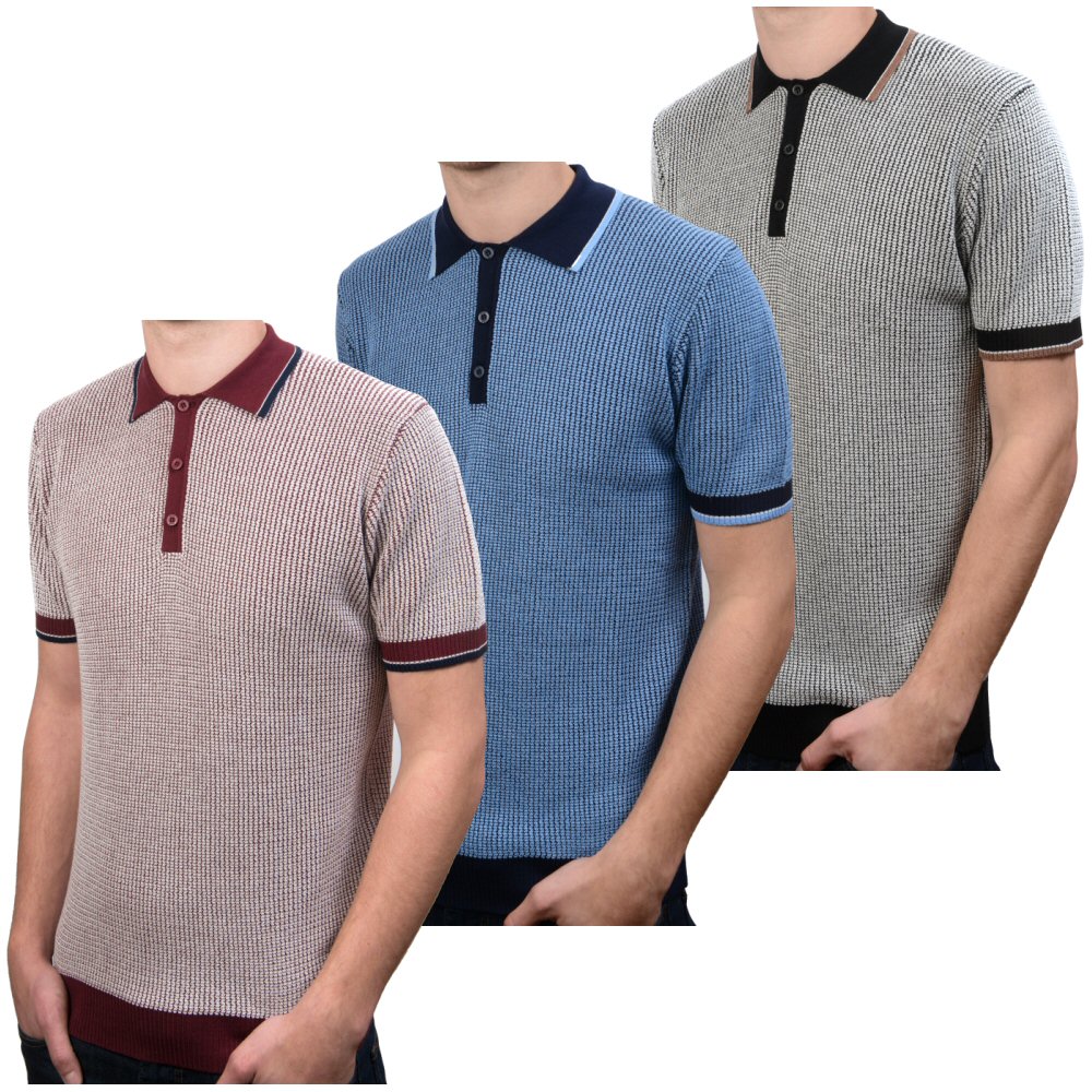 /Art Gallery 60's Retro Mod Tipped 3 Button S/S Textured Knit Polo ...