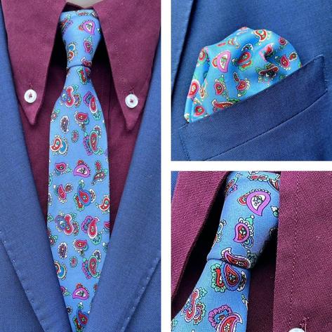 Knightsbridge Retro Mod 60's Matching Paisley Silk Slim Tie and Pocket Square Blue / Red