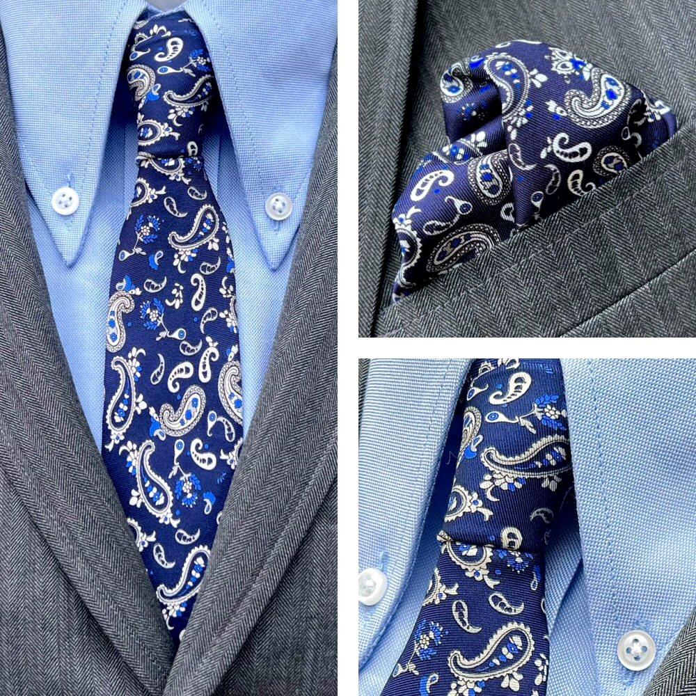 Knightsbridge Retro Mod 60's Matching Paisley Silk Slim Tie and Pocket Square Navy Blue / White