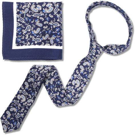 Knightsbridge Retro Mod 60's Matching Paisley Silk Slim Tie and Pocket Square Navy Blue / White Thumbnail 2