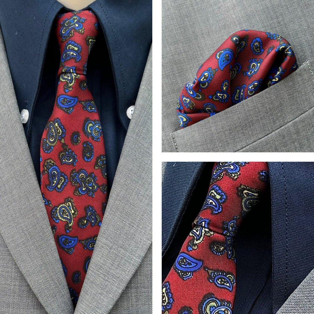 Knightsbridge Retro Mod 60's Matching Paisley Silk Slim Tie and Pocket Square Burgundy / Blue