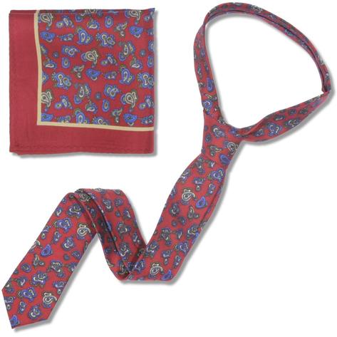 Knightsbridge Retro Mod 60's Matching Paisley Silk Slim Tie and Pocket Square Burgundy / Blue Thumbnail 2