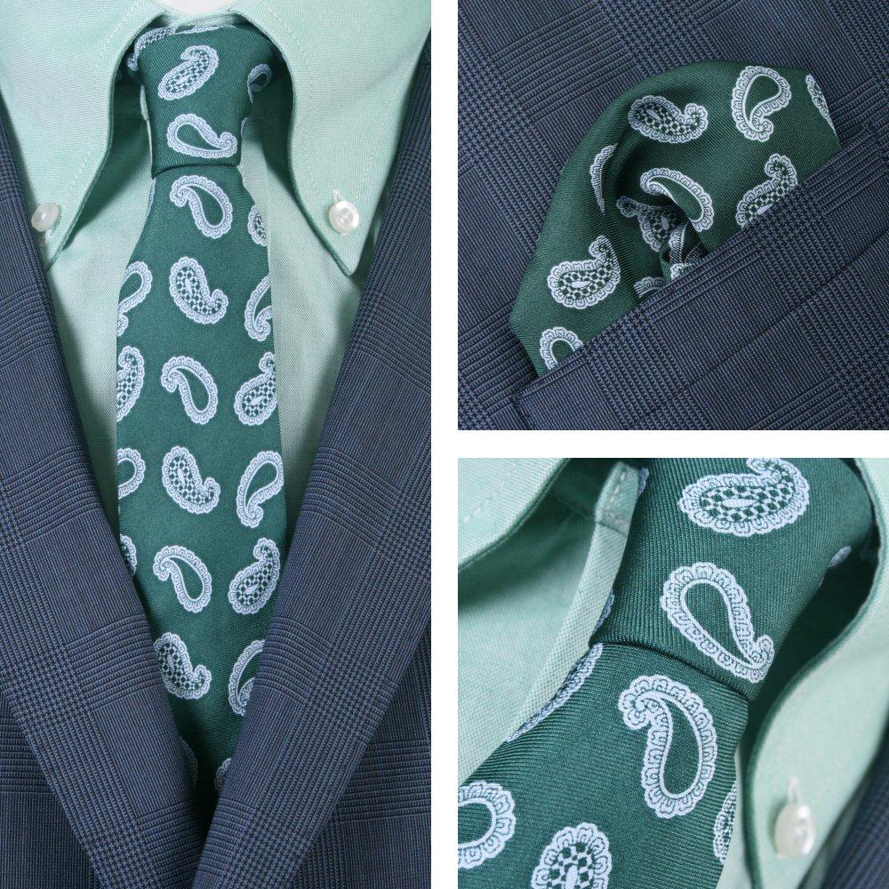 Knightsbridge Retro Mod 60's Matching Paisley Silk Slim Tie and Pocket Square Green / White