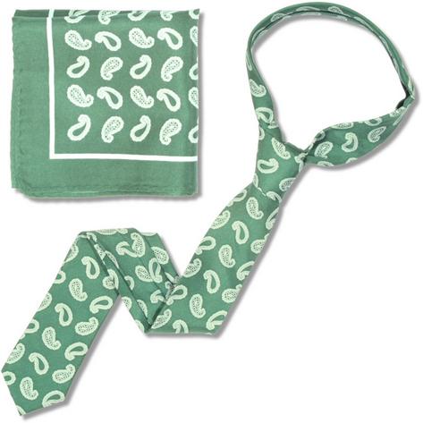 Knightsbridge Retro Mod 60's Matching Paisley Silk Slim Tie and Pocket Square Green / White Thumbnail 2