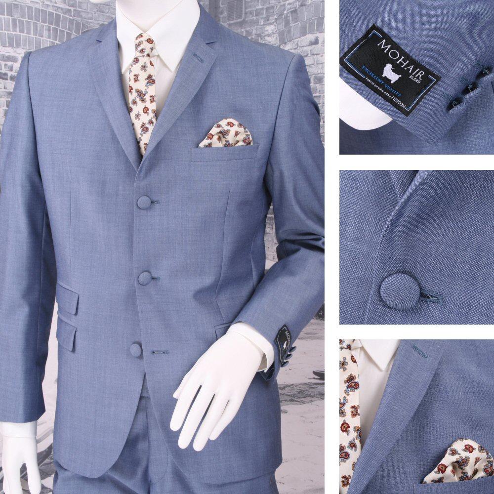 Adaptor Clothing Mod 60's Retro 3 Button Slim Mohair Suit Light Blue